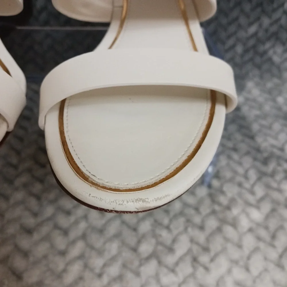 Tory Burch Cream Leather Wedge Sandals with Gold Logo - Picture 9 of 16